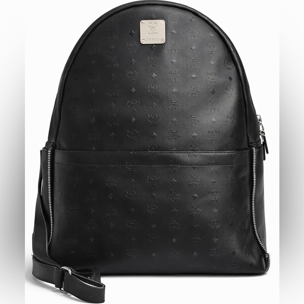 MCM Black Monogram Backpack Logo Plaque Zip Pocket Leather Good Condition - Picture 1 of 1